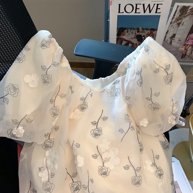 Áo Chiffon Tay Phồng Trễ Vai In Họa Tiết Hoa Phong Cách Pháp Thanh Lịch Kiểu Mới