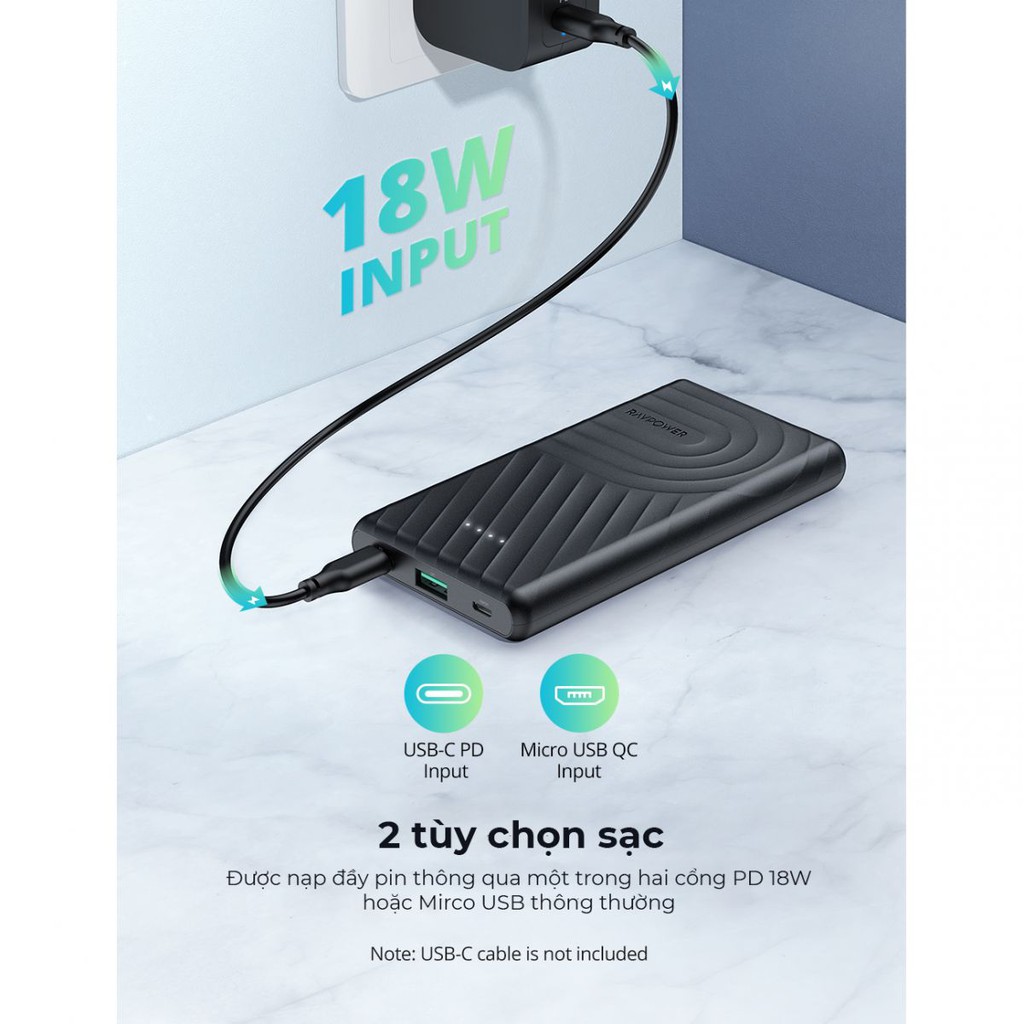 Pin sạc dự phòng RAVPower RP-PB195 10000mAh Type-C PD 18W