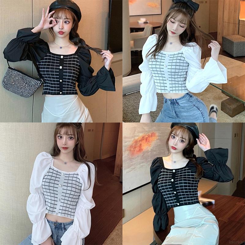Áo Kiểu Nữ Ca Rô Dài Tay Cổ Vuông Hở Eo Thời Trang