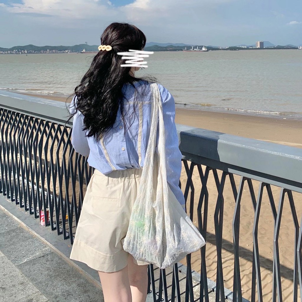 Sơ mi cổ tròn sọc viền ren Misumey mặc 2 kiểu Ulzzang styleHàng Quảng Châu