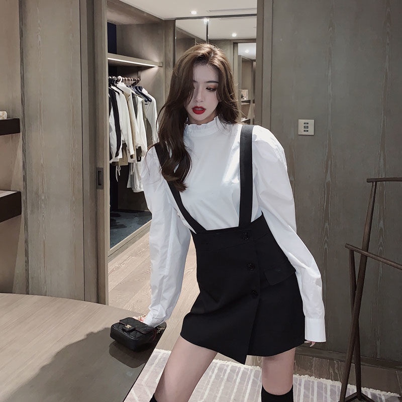 Set Áo Sơ Mi Trắng Và Đầm Yếm Thiết Kế Mới Xinh Xắn Thời Trang Dành Cho Nữ
