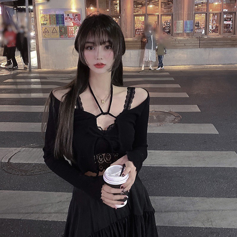 Set áo 2 dây ren croptop màu đen + áo khoác cardigan tay dài nút form ngắn ulzzang