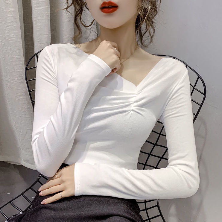 Áo Thun Tay Dài Cổ Chữ V Màu Đen Dáng Ôm Thời Trang Mùa Xuân Cho Nữ
