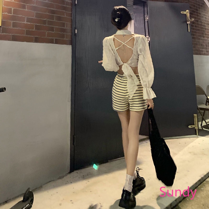 Áo Croptop Tay Dài Hở Lưng Cột Nơ Thời Trang Mùa Hè Quyến Rũ Cho Nữ