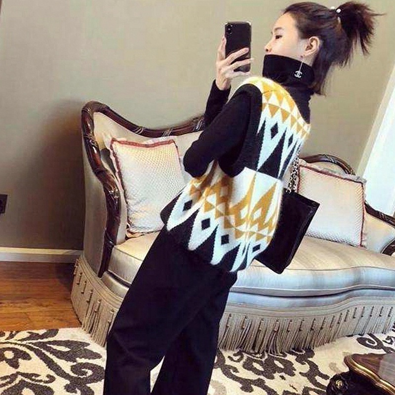 Áo Len Không Tay Cổ Chữ v Màu Sắc Tương Phản Phong Cách Hàn Quốc Dành Cho Nữ