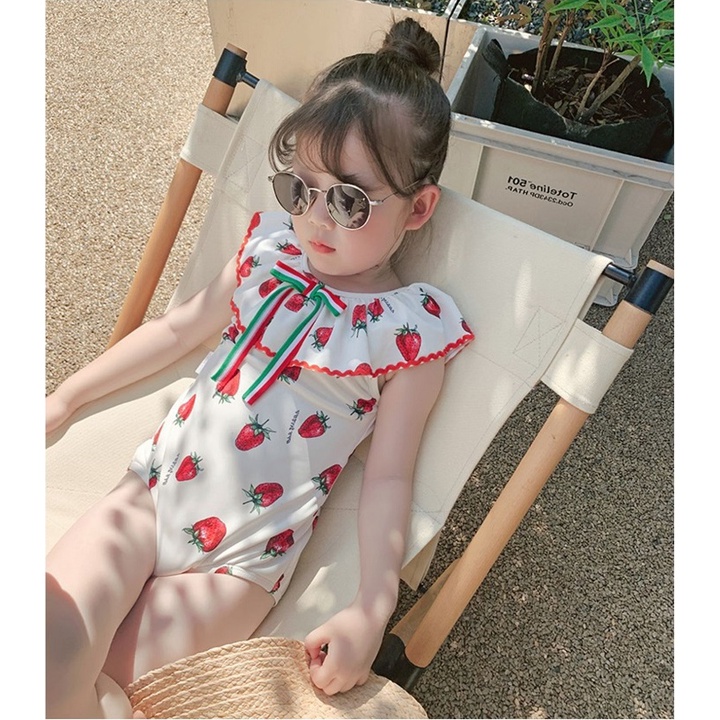 Bikini bé gái, Bộ đồ bơi bé gái tay Habi Fashion cánh tiên họa tiết dâu tây cho bé từ 9-26kg HABI18