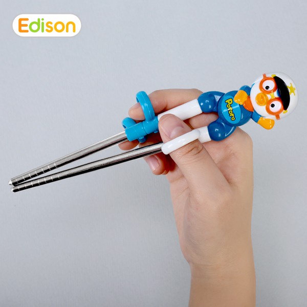 Đũa Inox xỏ ngón Hàn Quốc giúp bé tập gắp thức ăn Edison hình Pororo - Đồ dùng ăn dặm chính hãng 9644