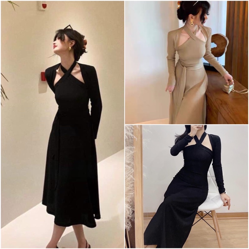 Set Váy Len Yếm Kèm Cardigan Khoác (Ảnh Video Thật) Đầm Len Cổ Yếm Hàng Quảng Châu Loại 1 Dày Dặn