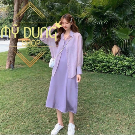 SET ÁO LƯỚI SƠ MI+ ĐẦM 2 DÂY LỤA - CUTE