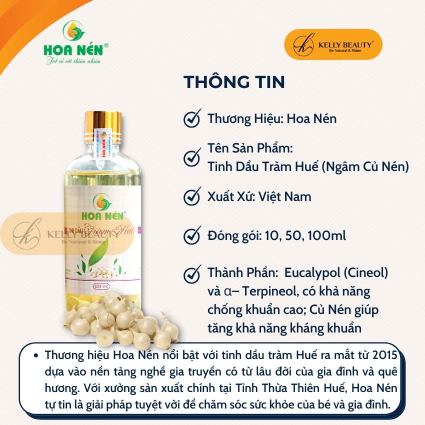 Tinh Dầu Tràm Củ Nén HOA NÉN 100ml - Giữ Ấm, Phòng Cảm, Ho, Côn Trùng Cắn, Muỗi Đốt; Giảm Đau Khớp | Kelly Beauty