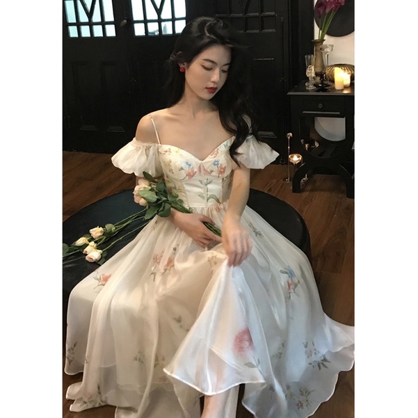 Đầm maxi hoa trễ vai tay phồng tiểu thư Hàn quốc sang chảnh thắt nơ lưng, váy maxi hoa đi biển