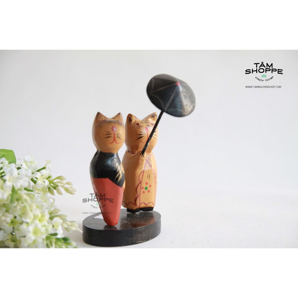 Mèo gỗ Zakka Nhật che dù