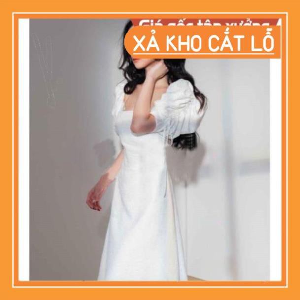 [SOC] [NEW]DAMDUTIEC  Đầm dài 2 lớp cổ vuông tay bánh mì rút nơ - Mama Dress