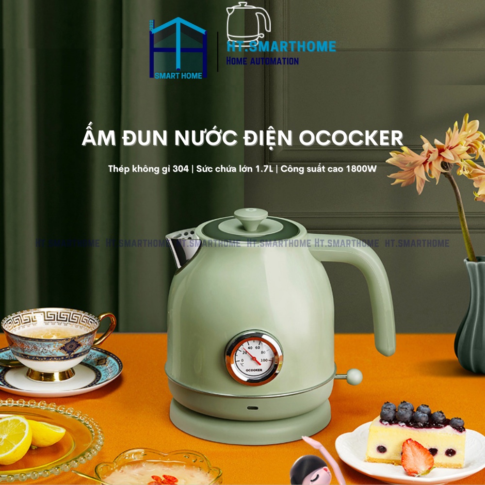 Ấm siêu tốc Ocooker 1.7L phong cách Retro cổ điển - Ấm đung nước 1800w có đồng hồ hiển thị nhiệt độ
