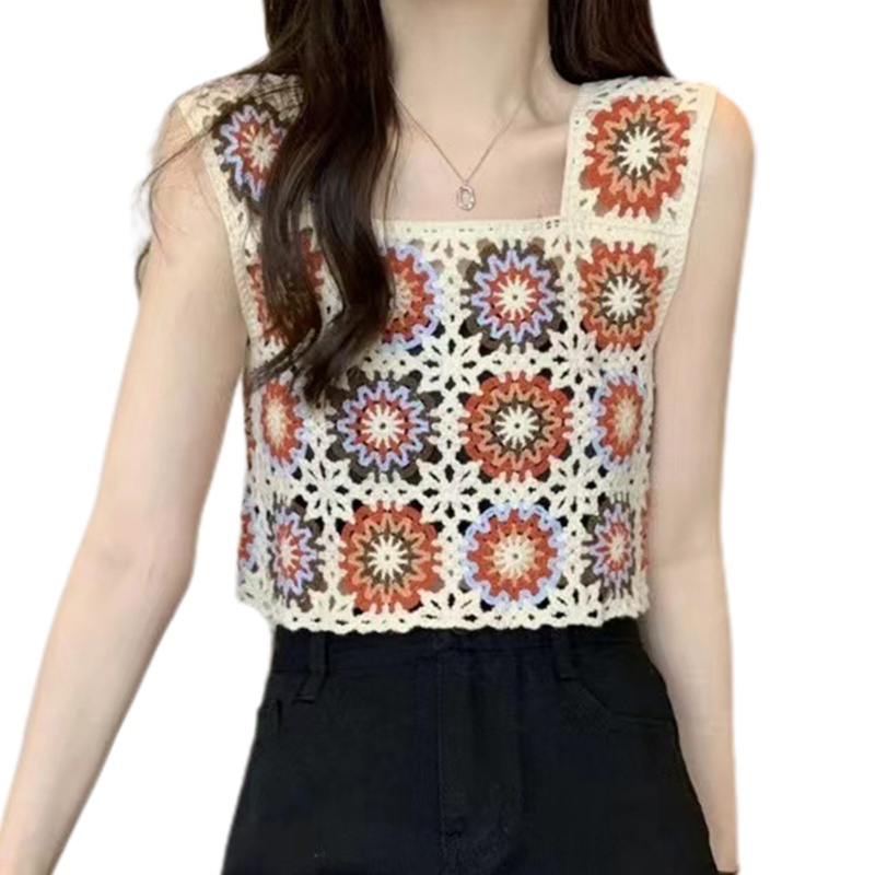 Áo Croptop Dệt Kim Cổ Vuông Khoét Lỗ Thời Trang Đi Biển Cho Nữ