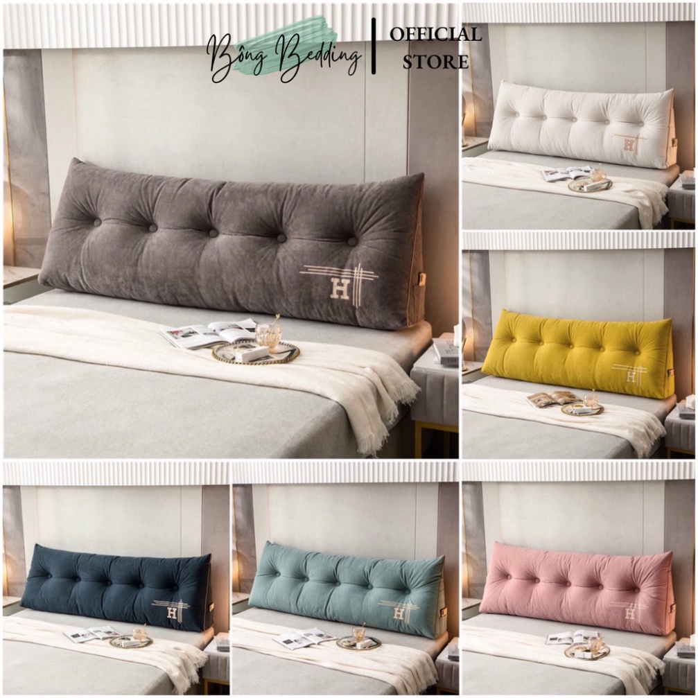 Gối Tựa Đầu Giường HIN BEDDING Hình Tam Giác Thêu Chữ H Đính Khuy Bọc Cao Cấp Có Sẵn 1m8 Và 1m5