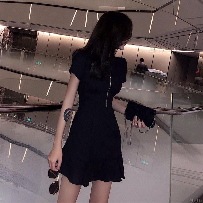 Váy nữ mini lưng cao có dây kéo màu trơn