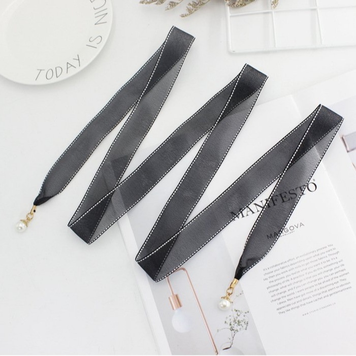 Dây thắt lưng vải voan thêu viền gắn ngọc, đai váy nữ thắt nơ thanh lịch