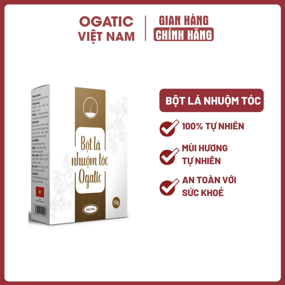 Bột lá nhuộm tóc OGATIC - nhuộm phủ bạc OGATIC - Hàng chính hãng -Từ thảo dược Lá móng-Lá chàm (Hộp 50g)