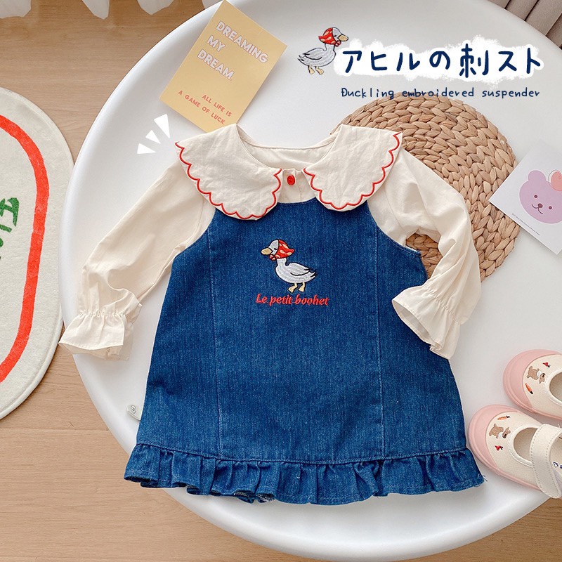 Yếm bò denim bé gái họa tiết con zịt cutee, hàng quảng châu cao cấp