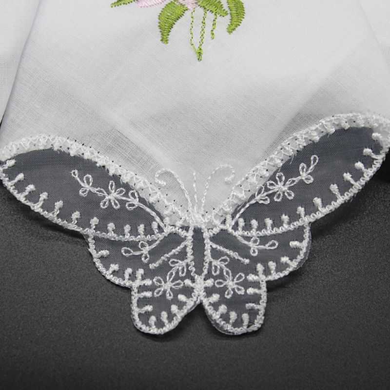 Bộ 5 Khăn Tay Cotton 11x11 Inch Thêu Họa Tiết Hoa Và Bướm Cho Nữ