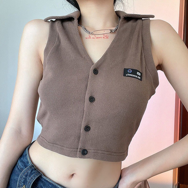 Áo Tank Top Cổ Polo Dáng Ôm Màu Trơn Thời Trang Cho Nữ