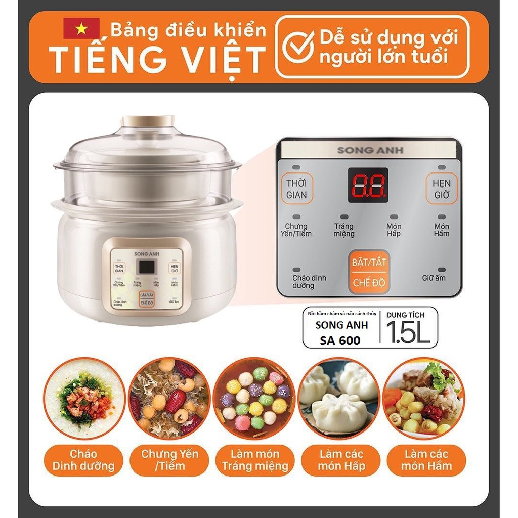 Nồi Nấu Cháo, Chưng Yến Nồi Hầm Chậm Và Hấp Cách Thủy Đa Năng Song Anh A600