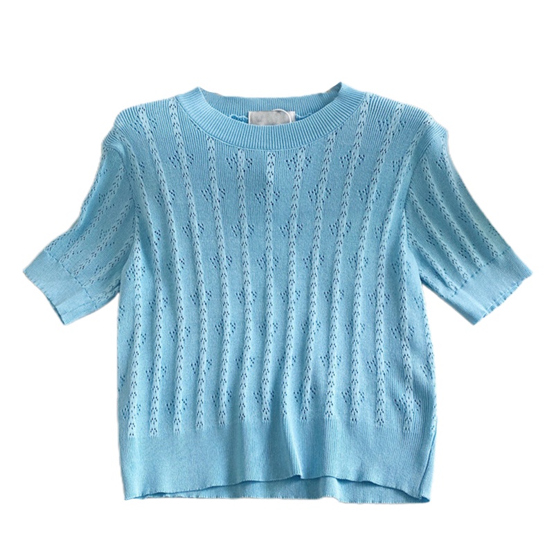 Brroa Áo Sweater Dệt Kim Tay Ngắn Phồng Màu Trơn Viền Gân Khoét Rỗng Mùa Hè Cho Nữ Lig
