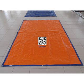 Tấm bạt may sẵn, kích thước 2,5 x 5m, màu xanh - cam, không thấm nước, viền tăng cường, khuy kim loại