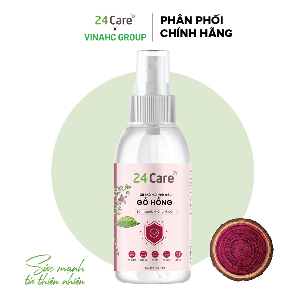 Xịt phòng tinh dầu Gỗ Hồng 24Care 50ml - kháng khuẩn, khử mùi hôi, đuổi muỗi, côn trùng