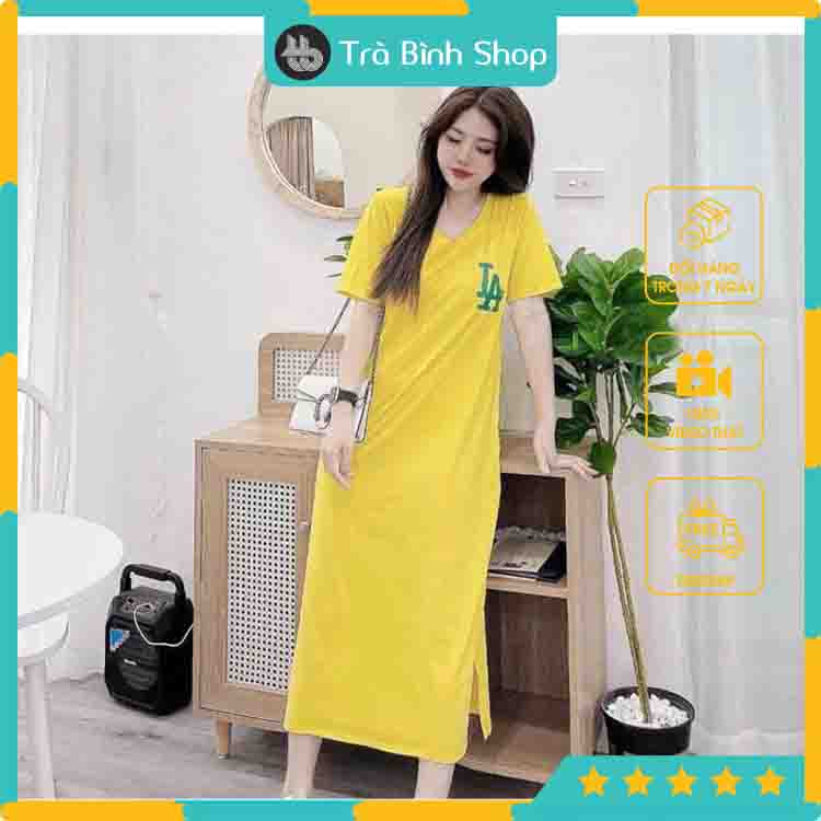 Đầm Suông Dài Đan Dây Lưng Váy Cotton Cổ Tròn Ngắn Tay Họa Tiết Chữ