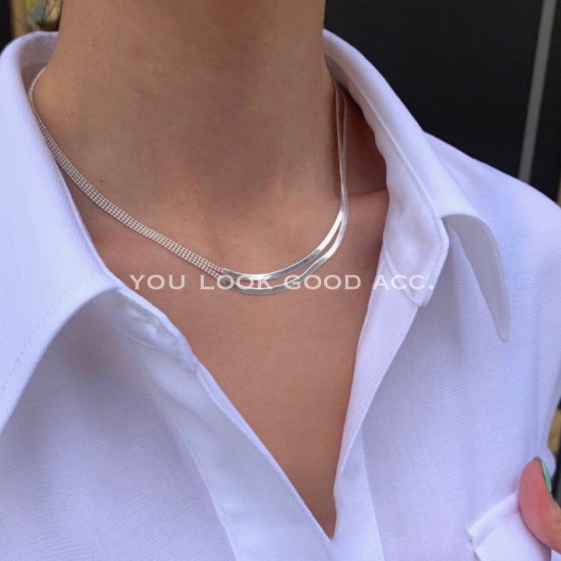 Năm Hổ 416△Dây Chuyền Hai Lớp Bằng Bạc Đính Hạt Bạch Kim Lấp Lánh Phong Cách Hàn Quốc