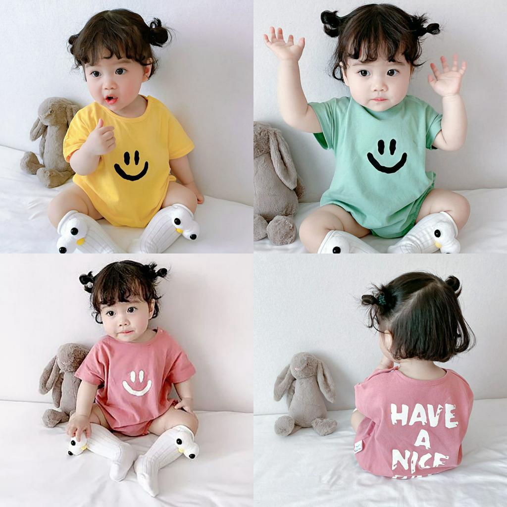 Bộ áo liền quần in chữ mặt cười cho bé 0-24 tháng tuổi