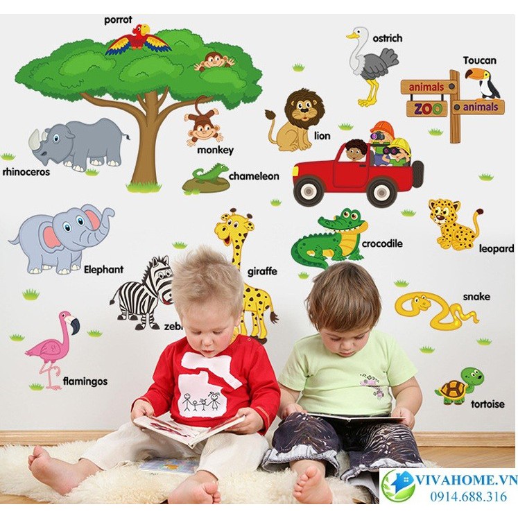 Combo 2 Decal dán tường Đoàn tàu thú Happy Travel + Decal Vườn thú tiếng anh