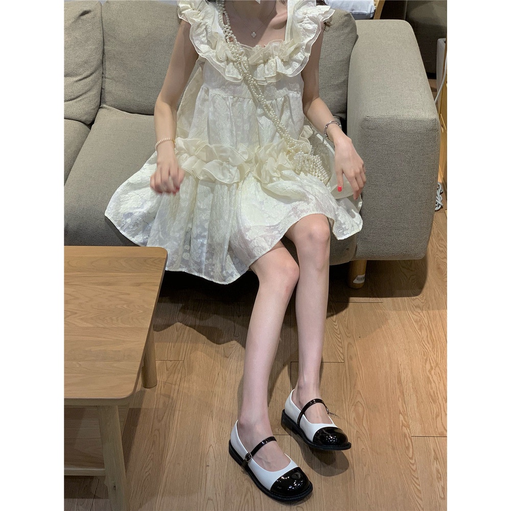 Váy babydoll Đầm Chữ A Dáng Suông Trễ Vai Phối Bèo Nhún Nữ Tính Hợp Thời Trang Kiểu Pháp