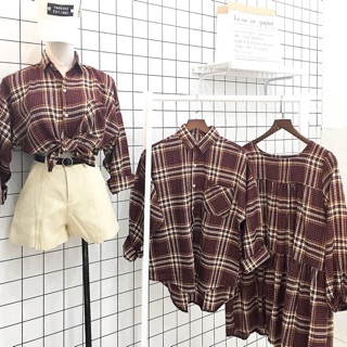 Áo sơ mi oversize caro một túi