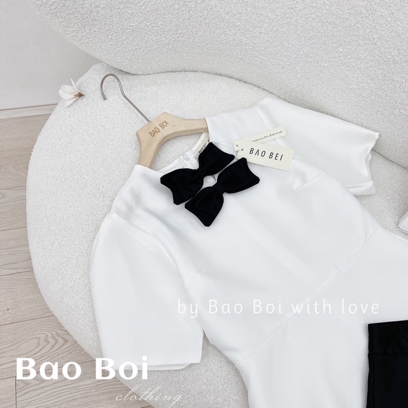 Áo peplum phối nơ nhung cao cấp kèm quần chân váy