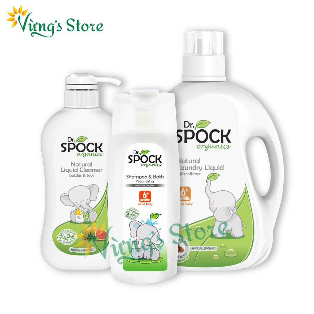 Nước giặt xả Dr. Spock 6+, Tắm gội cho bé Dr. Spock 6+, Nước rửa bình sữa Dr. Spock Organic cho trẻ từ 6 tháng tuổi