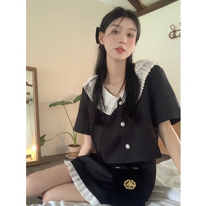 Set nữ công sở đen áo cổ sen 2 tầng, chân váy chữ A gấu váy xếp ly thanh lịch mùa hè