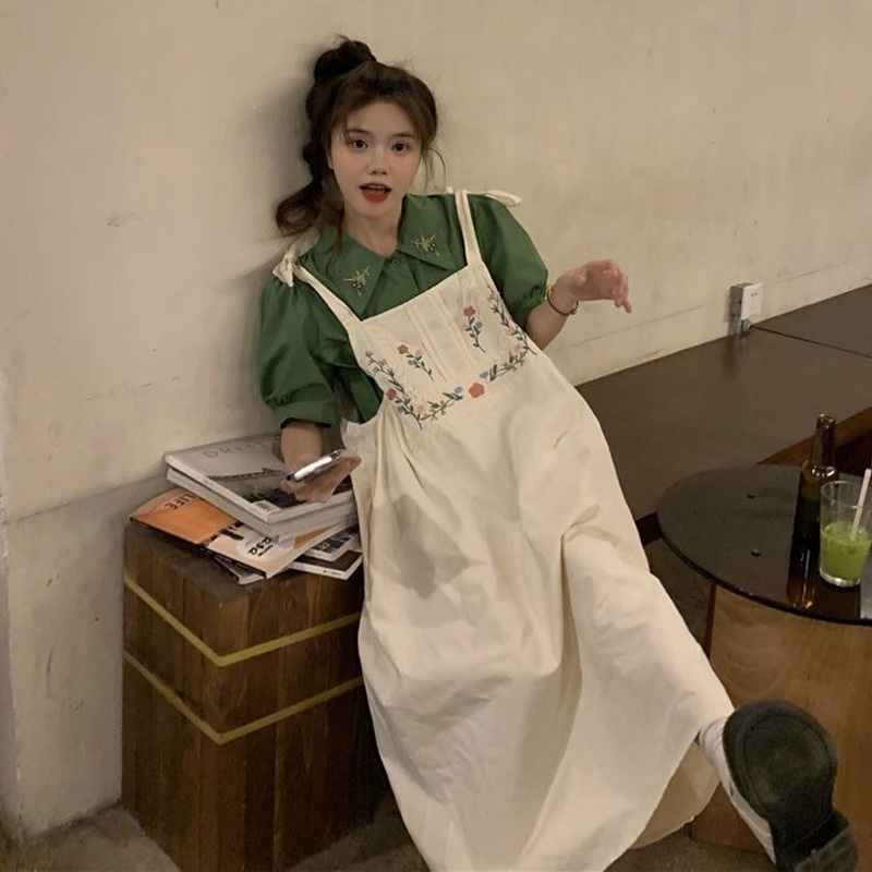 Set Áo Sơ Mi Ngắn Tay Thêu Hoa + Váy Yếm Ren Phong Cách Retro Mới Cho Nữ