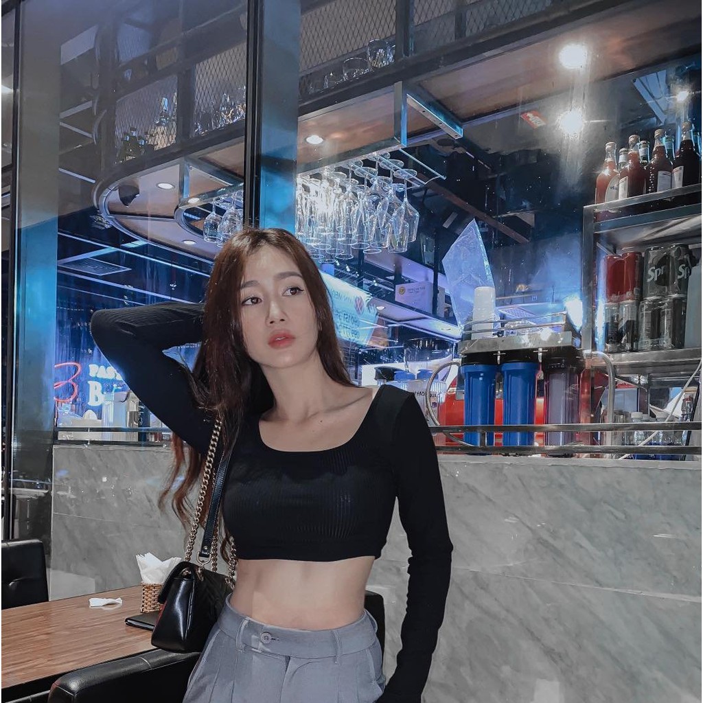 Áo Croptop Cổ Vuông Tay Dài Hở Lưng Ôm Body Thun Gân (Len Tăm) Mati House - YA1181170