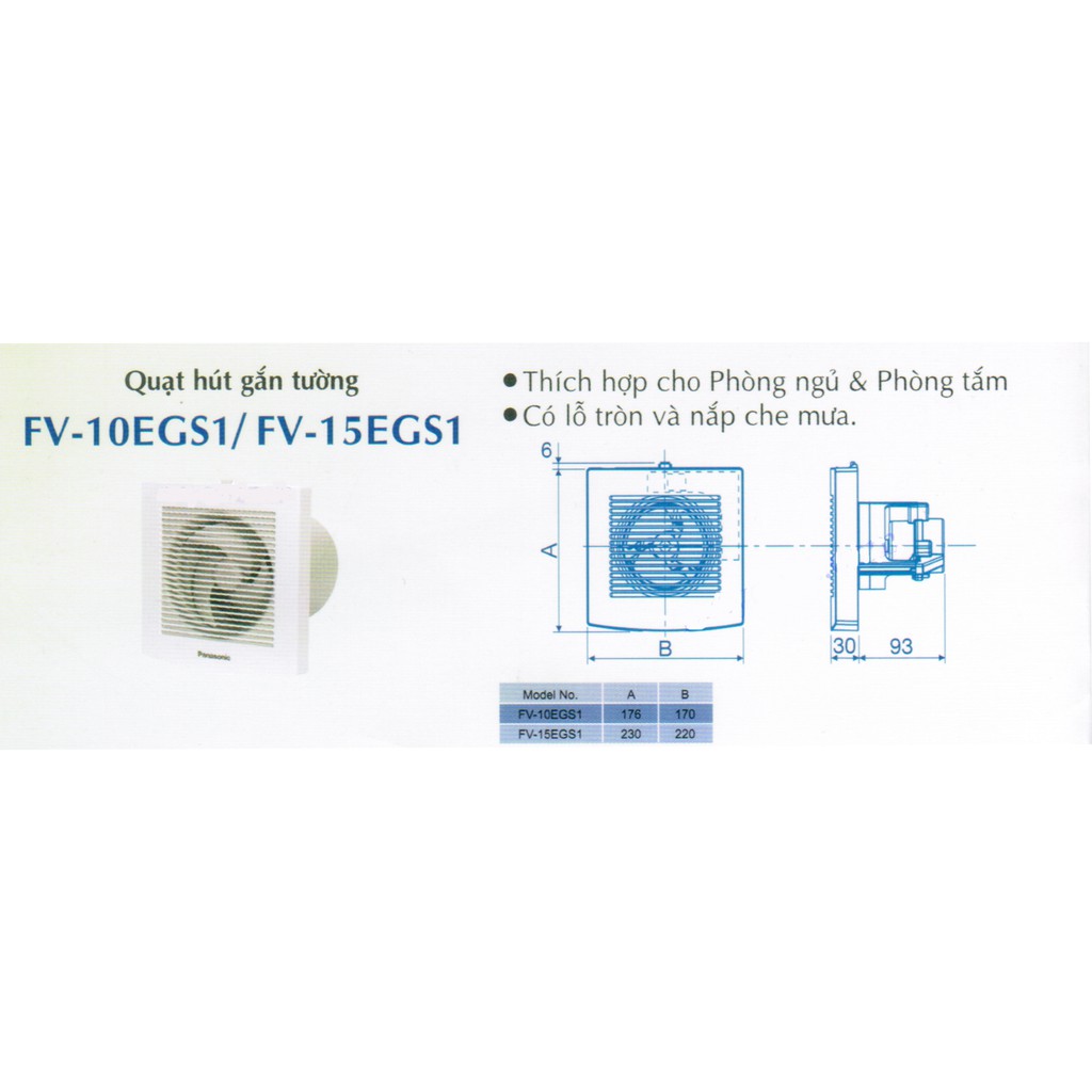 Quạt hút gắn tường âm tường Panasonic sử dụng cho nhà tắm FV-10EGS1 (có màn che - ống thông nghiêng)