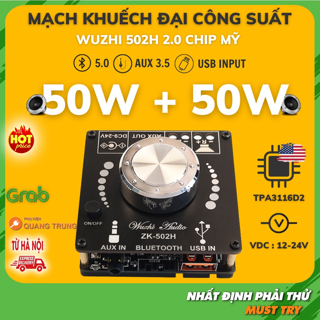 Mạch khuếch đại công suất 2.0 wuzhi ZK 502H, công suất 100W, bluetooth 5.0, aux in, aux out