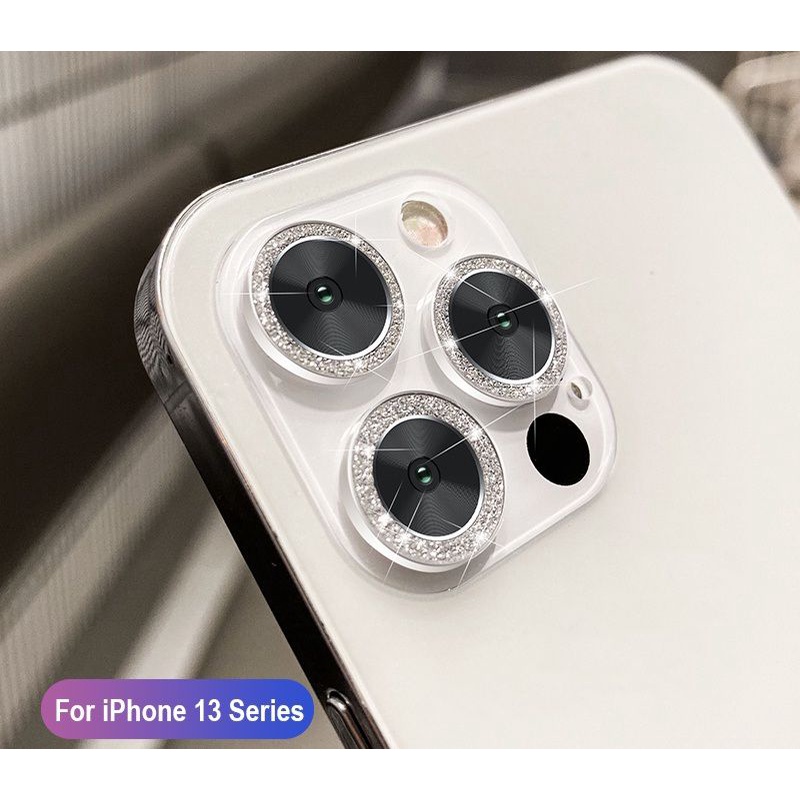 Bộ 3 miếng dán đính kim cương nhân tạo bảo vệ mắt camera dành cho iPhone 13 pro max lấp lánh nhũ bạc