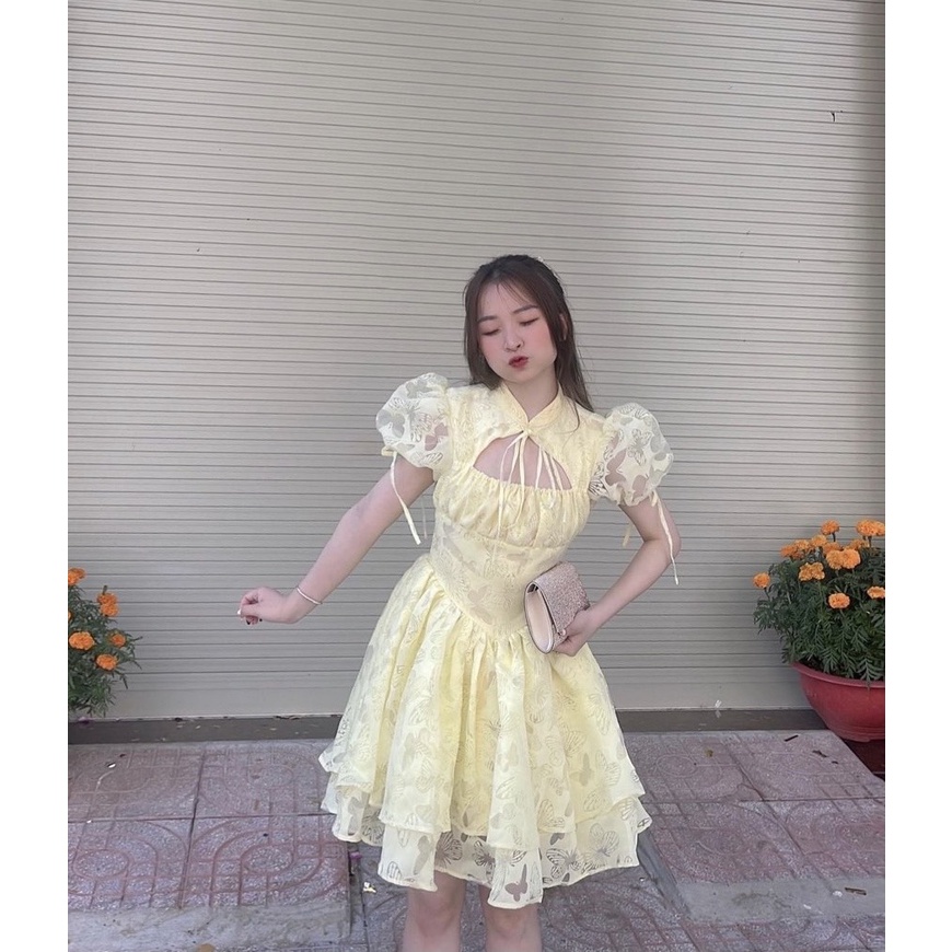 ĐẦM HOA NỔI CUT OUT KEM VÀNG