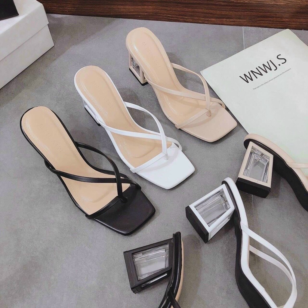 Guốc gót vuông mũi hở Minhtuyetshoes-Giày cao gót nữ kiểu kẹp ngón dây mảnh mẫu mới hè 2022 mã GCG2022