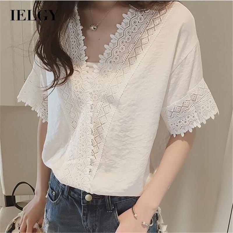 Áo IELGY chiffon tay ngắn cổ chữ v màu trơn thời trang dành cho nữ