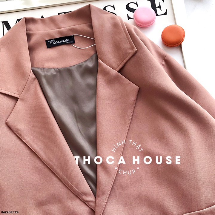 Set áo khoác vest 2 túi phối chân váy lưng thun pastel THOCA HOUSE vải dày đi làm, đi học freesize dưới 56kg