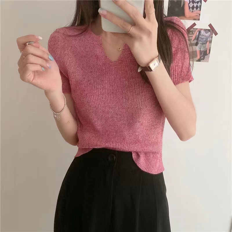 Áo Croptop Dệt Kim Tay Ngắn Cổ Chữ V Thời Trang Mùa Hè Phong Cách Hàn Quốc Cho Nữ