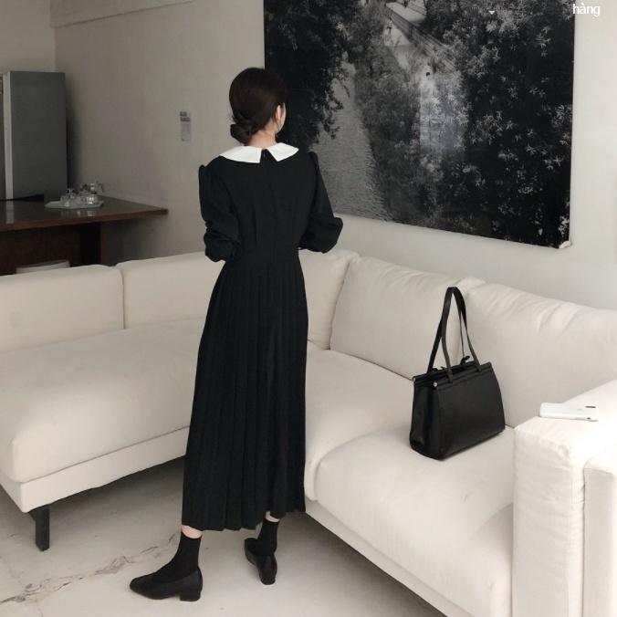 Đầm cổ dài bẻ búp bê dáng dài công sở nhấn eo sang trọng thanh lịch phong cách Hàn Quốc
